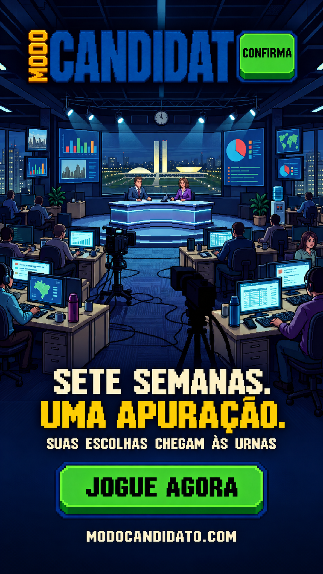Peça vertical do Modo Candidato com cena de apuração